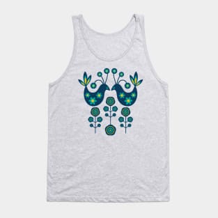 LOVE BIRDS Folk Art Mid-Century Modern Scandi Floral With Birds Flowers Feathers in Dark Blue Turquoise Yellow Green - UnBlink Studio by Jackie Tahara Tank Top